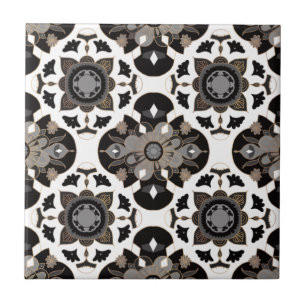 Floral Mandala Taupe Gray Black Tile