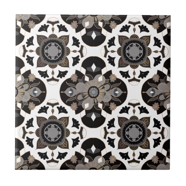 Floral Mandala Taupe Grey Black Tile (Front)