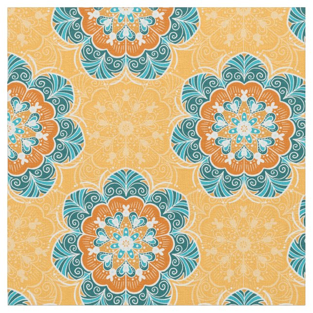 Floral Mandala Tile in Orange & Teal Fabric (Close Up)