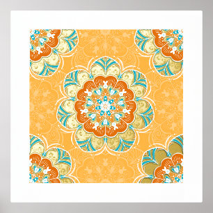Floral Mandala Tile in Orange & Teal Foil Prints