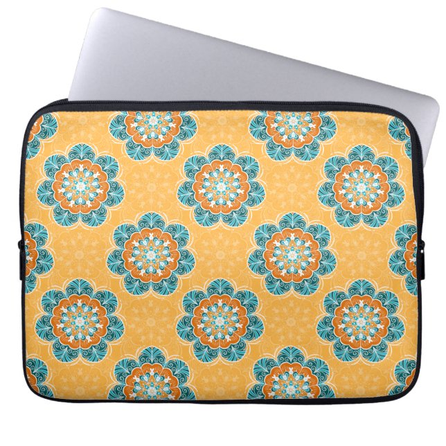 Floral Mandala Tile in Orange & Teal Laptop Sleeve (Front)