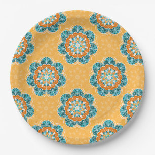 Floral Mandala Tile in Orange & Teal Paper Plate