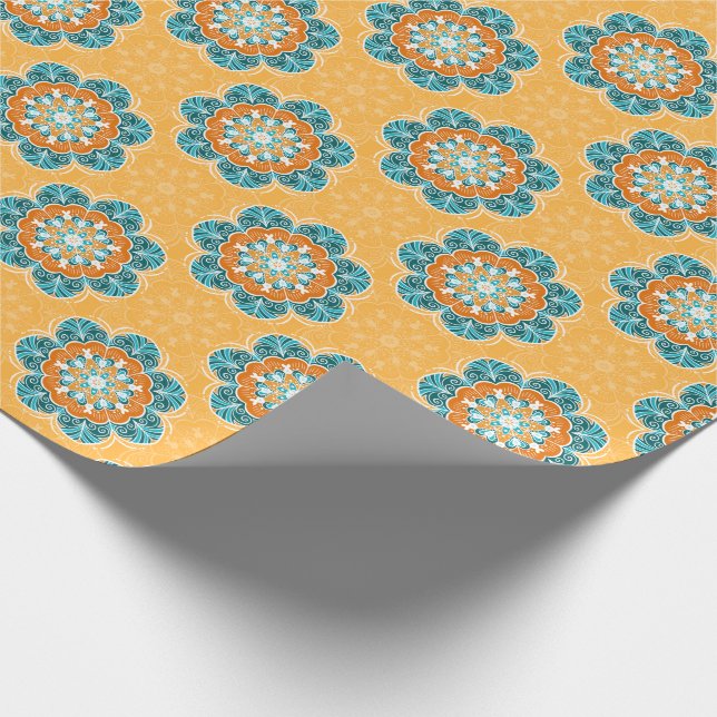 Floral Mandala Tile in Orange & Teal Wrapping Paper (Corner)