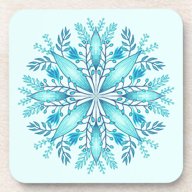 Floral Mandala - Turquoise Blue Boho Snowflake Coaster (Front)