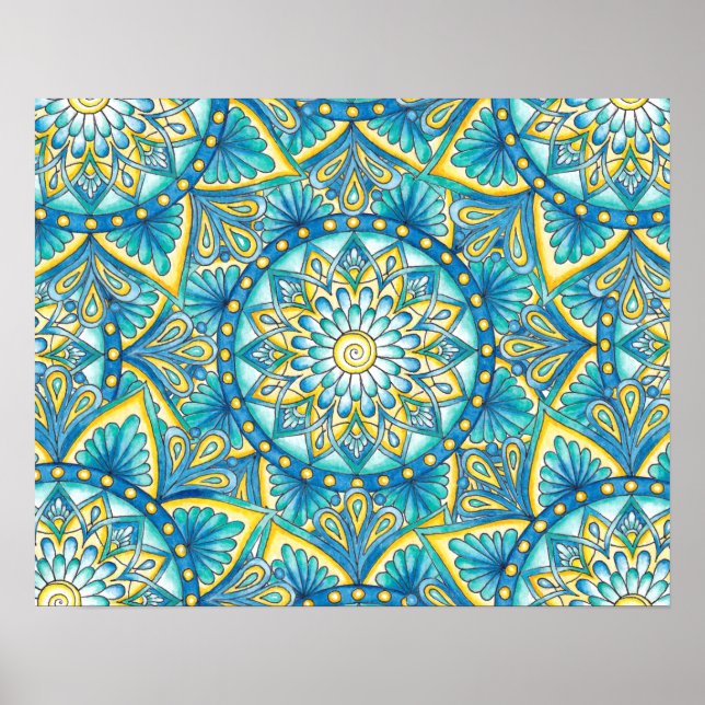 Floral Mandala Yellow Blue Turquoise Pattern Poster (Front)