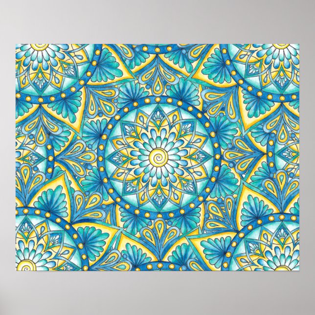 Floral Mandala Yellow Blue Turquoise Pattern Poster (Front)