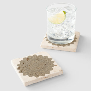 Floral Mandela Star Tan Sepia Silhouette Art Stone Coaster