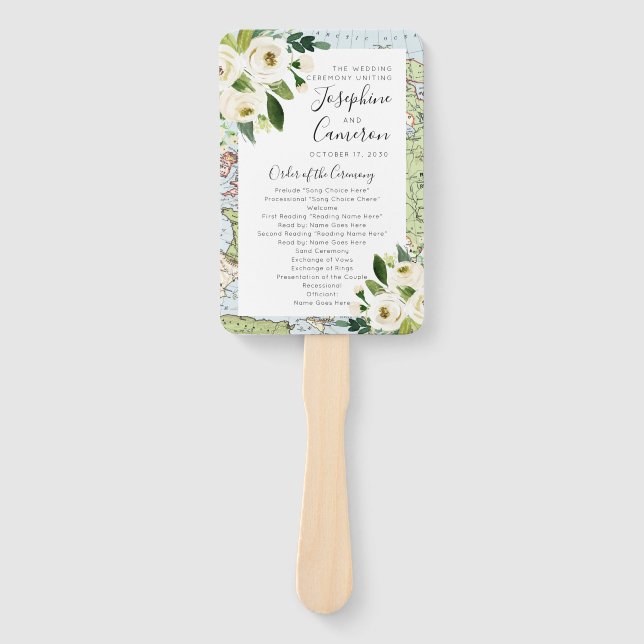 Floral Map Travel Theme Wedding Ceremony Program Hand Fan (Front)