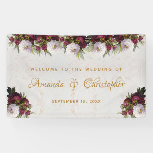 Floral Marble Burgundy White Peony Wedding Welcome Banner