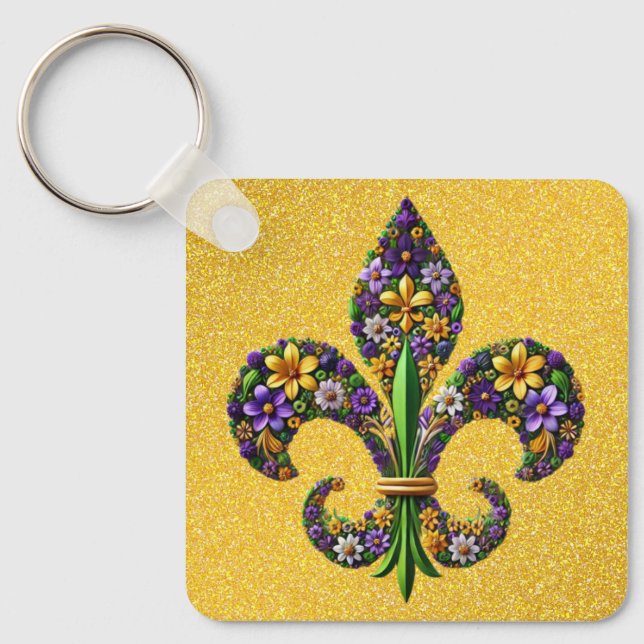 Floral Mardi Gras fleur de lis Key Ring (Front)