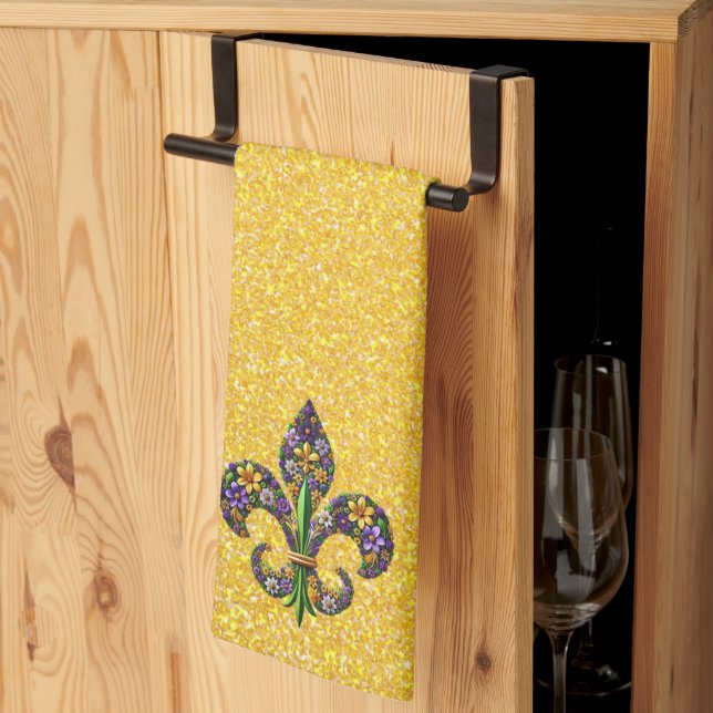 Floral Mardi Gras fleur de lis Tea Towel (Thirds Fold)
