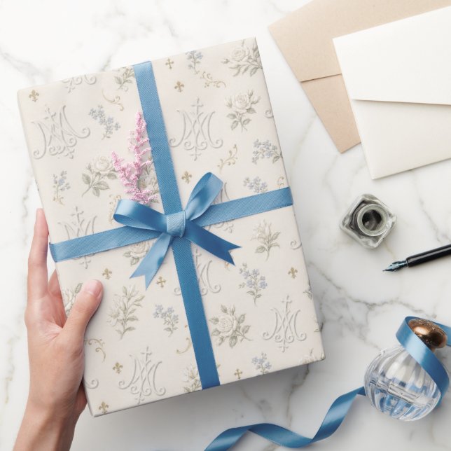 Floral Marian Cross Catholic Wrapping Paper (Gifting)