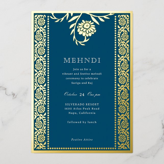 Floral Marigold Gold Mehndi Invitation (Front)