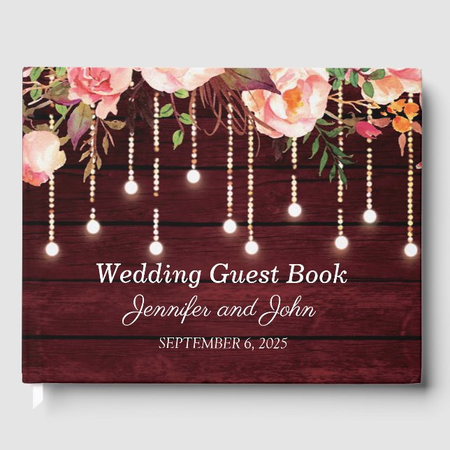 Floral Maroon Wooden Rustic Wedding Guest Book (Front)