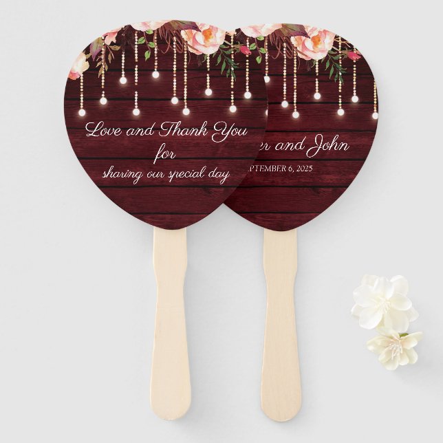 Floral Maroon Wooden Rustic Wedding Hand Fan (Front and Back)