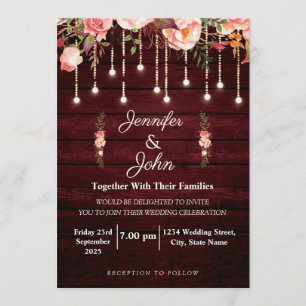 Floral Maroon Wooden Rustic Wedding Invitation