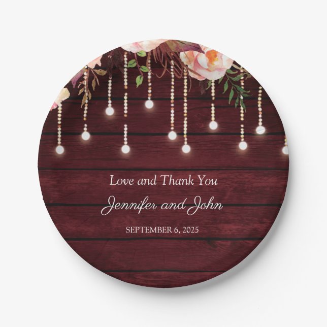 Floral Maroon Wooden Rustic Wedding Paper Plate (Front)