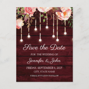 Floral Maroon Wooden Rustic Wedding Save the Date Announcement Postcard