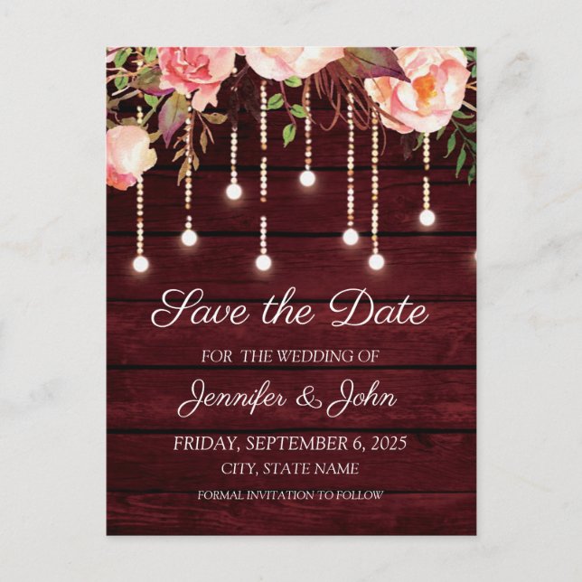 Floral Maroon Wooden Rustic Wedding Save the Date Announcement Postcard (Front)