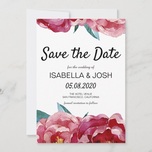 Floral Marsala Burgundy Peony Save the Date (Front)