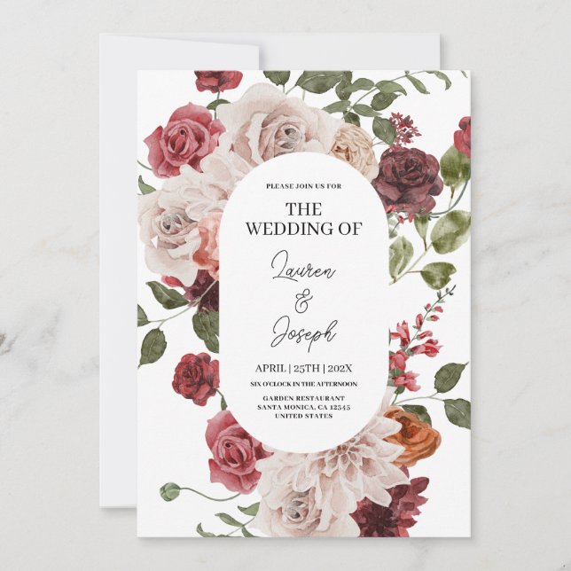 Floral Marsala Wedding invitation (Front)