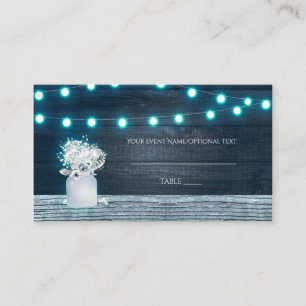 Floral Mason Jar & Blue Lights Rustic Table Place Place Card