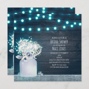 Floral Mason Jar Blue Lights Rustic Winter Bridal Invitation