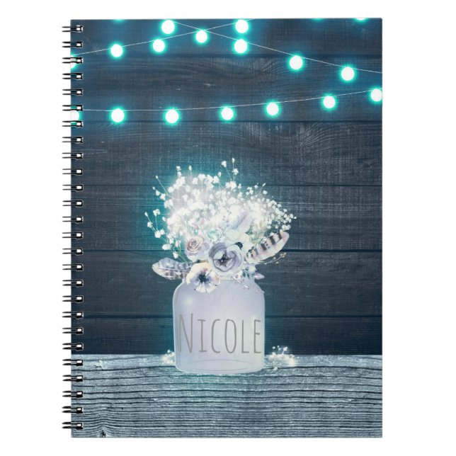 Floral Mason Jar & Blue String Lights Rustic Notebook (Front)