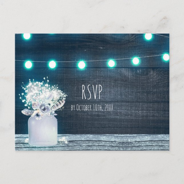Floral Mason Jar & Blue String Lights Rustic RSVP Invitation Postcard (Front)