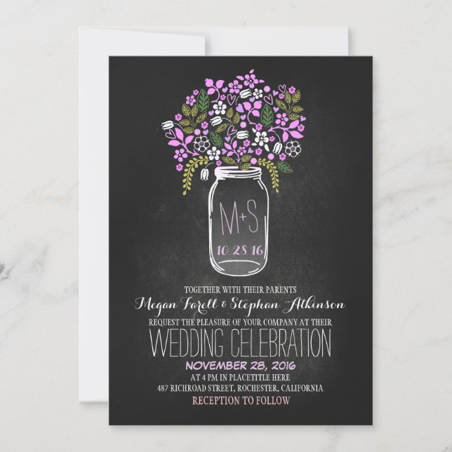 floral mason jar chalkboard wedding invitations (Front)