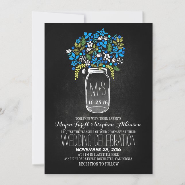 floral mason jar chalkboard wedding invitations (Front)