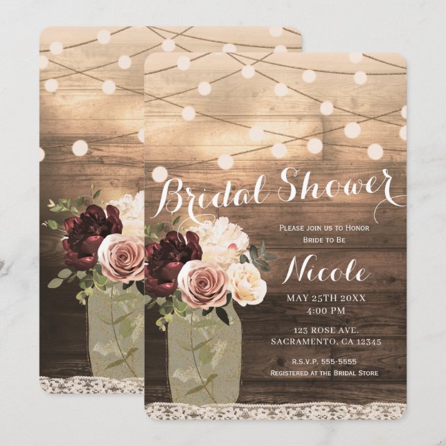 Floral Mason Jar & Lights Rustic Country Bridal Invitation (Front/Back)