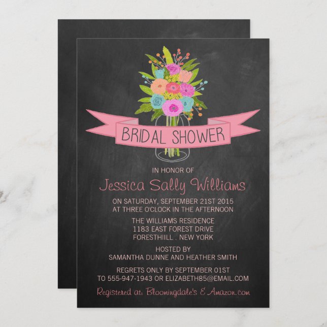Floral Mason Jar On Chalkboard Bridal Shower Invitation (Front/Back)