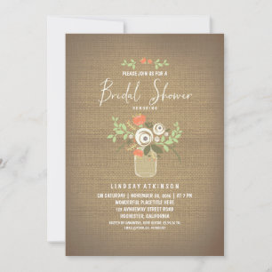 Floral Mason Jar Rustic Burlap Bridal Shower Invitation