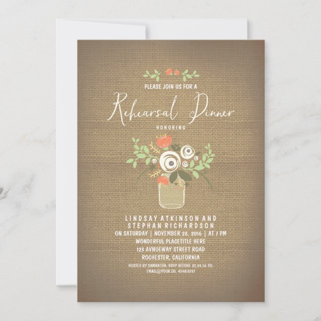 Floral Mason Jar Rustic Burlap Rehearsal Dinner Invitation (Front)