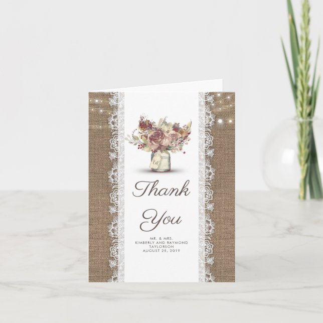 Floral Mason Jar Rustic Burlap Wedding Thank You Card (Front)