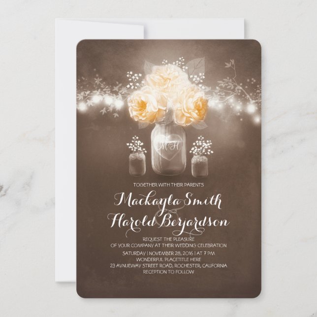floral mason jar rustic string lights wedding invitation (Front)