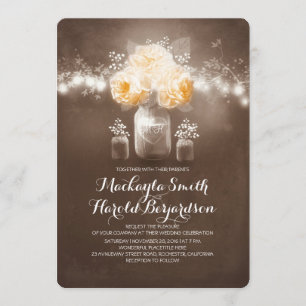 floral mason jar rustic string lights wedding invitation