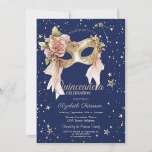 Floral Masque Stars Navy Blue Quinceañera Invitation