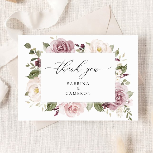Floral Mauve Blush Greenery Wedding Thank You Card (Creator Uploaded)