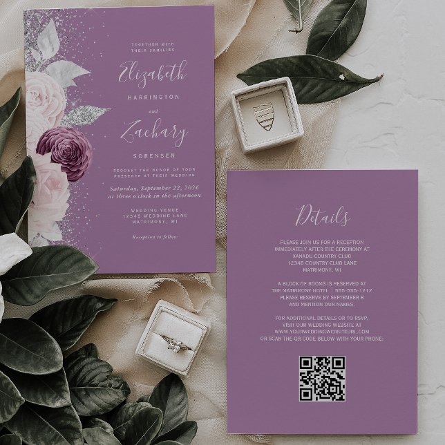 Floral Mauve Blush Silver Glitter QR Code Wedding Invitation (Creator Uploaded)