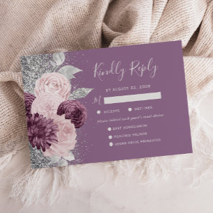 Floral Mauve Blush Silver Meal Choice Wedding RSVP Card