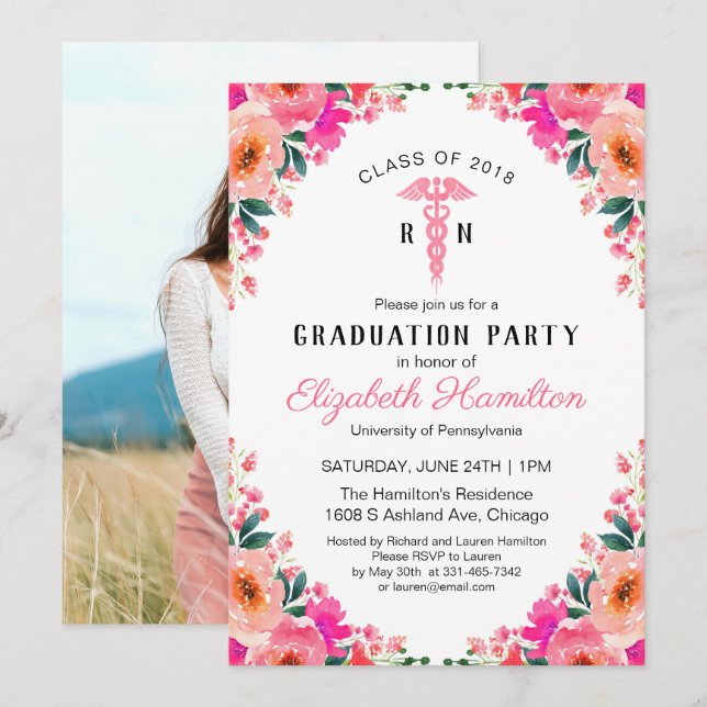 Floral Medical Nursing School Grad Party Photo Invitation (Front/Back)