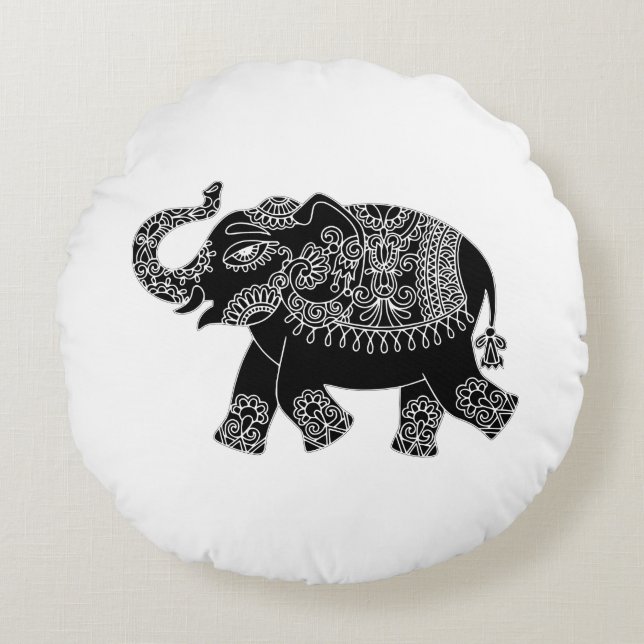 Floral Mehedi Elephant Round Cushion (Front)