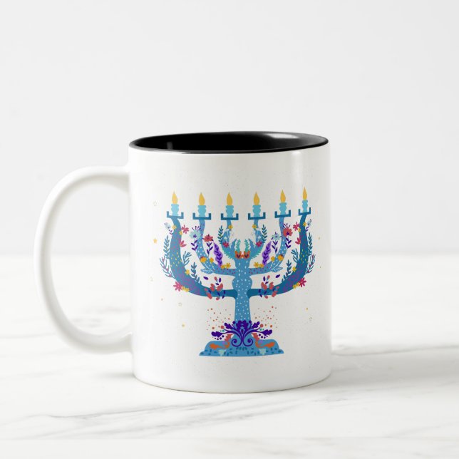 floral menorah hanukkah Two-Tone coffee mug (Left)