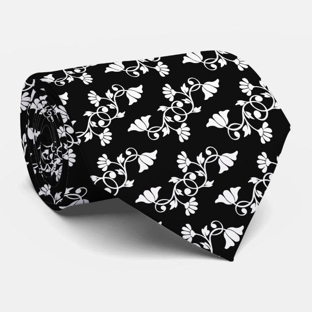 Floral Men's Black and White Neck Tie (Rolled)