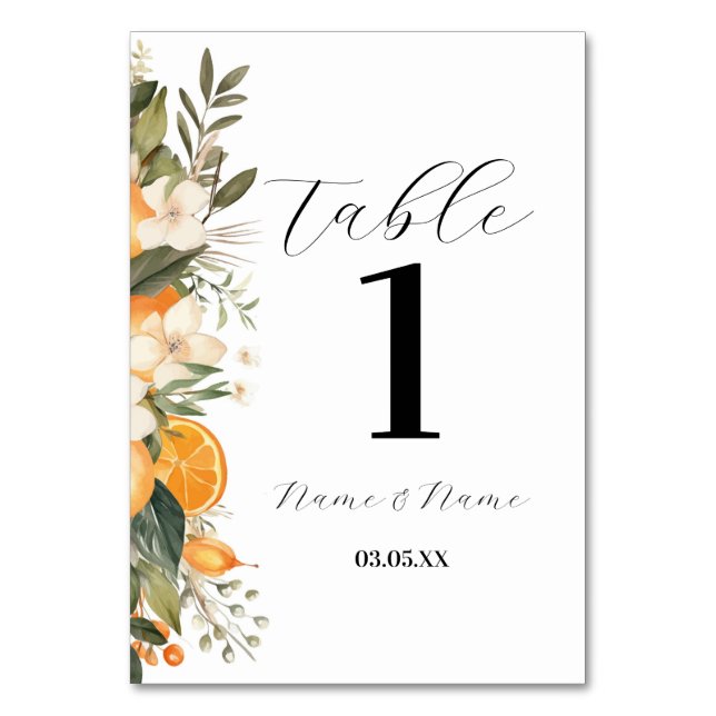 Floral Menu Table Citrus Oranges Numbers Table Number (Front)