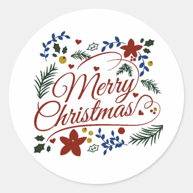 Floral Merry Christmas  Classic Round Sticker (Front)