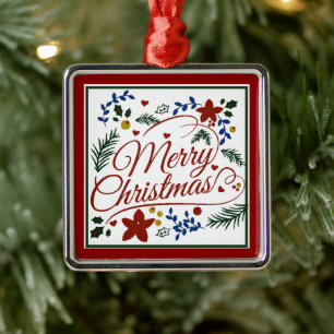 Floral Merry Christmas Metal Ornament