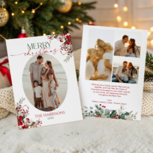 Floral Merry Christmas Minimalist Photo Christmas Holiday Card